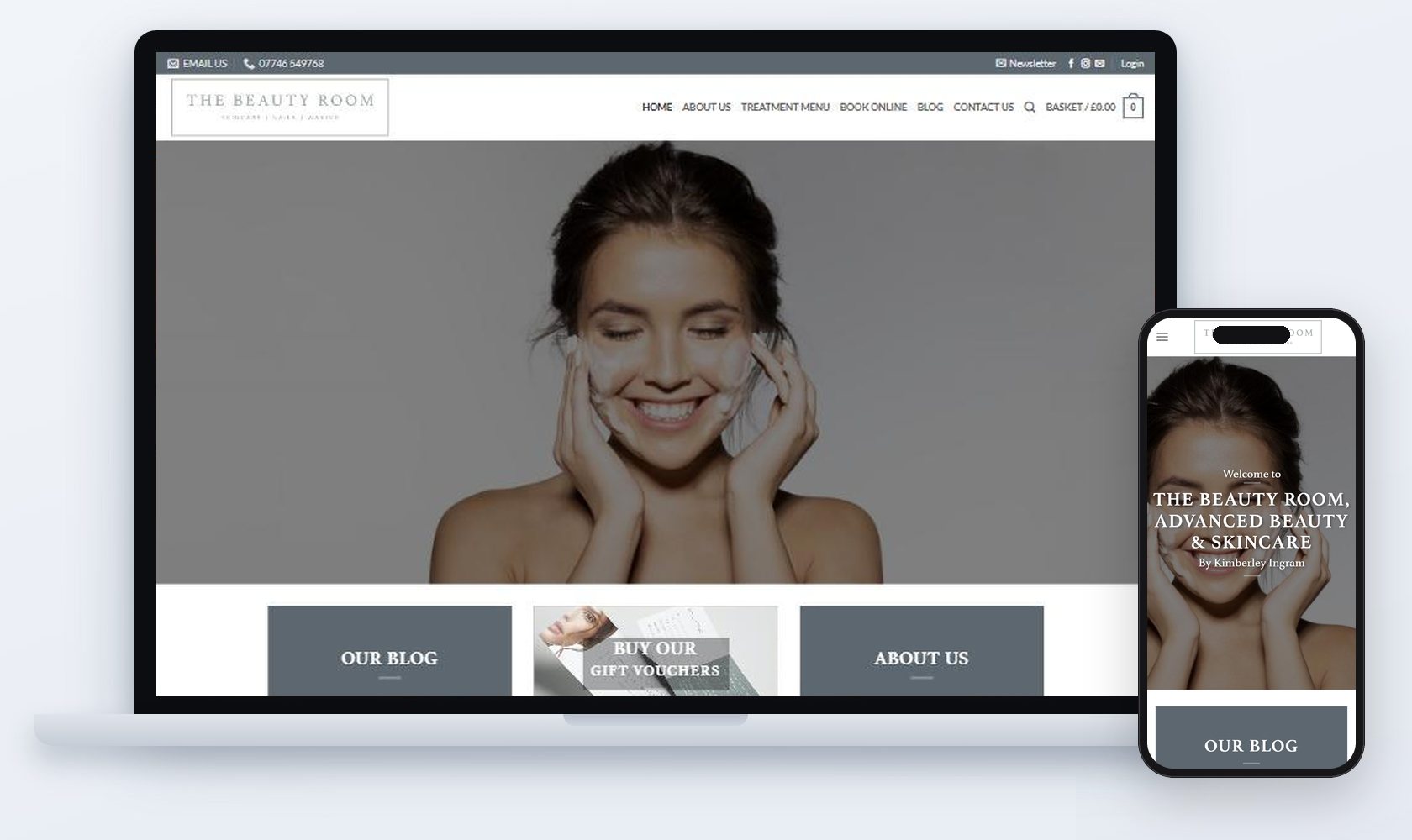 The Beauty Room salon website on laptop and phone