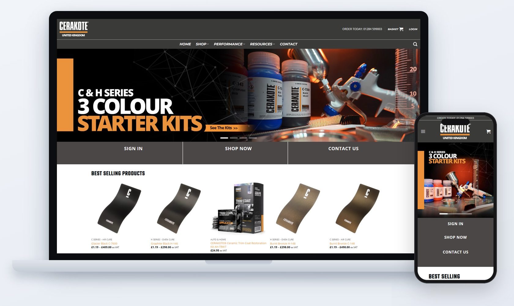 Cerakote UK e-commerce website by CSM Web Design, shown on laptop and phone