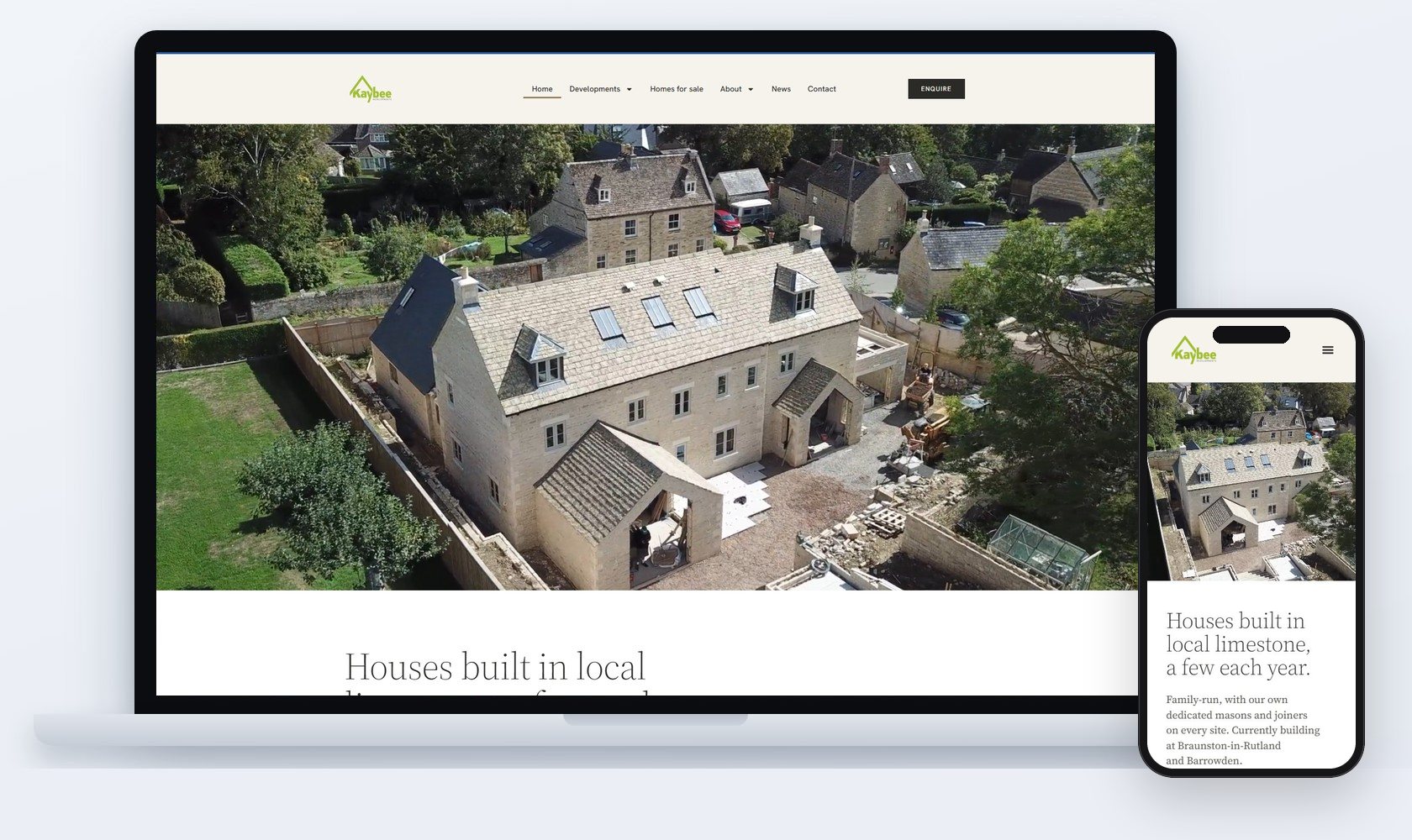 Kaybee Developments housebuilder website by CSM Web Design, shown on laptop and phone