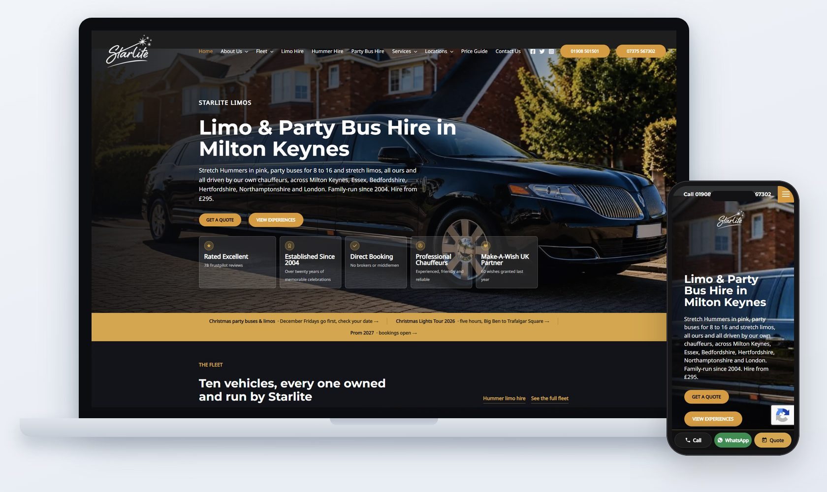 Starlite Limos website by CSM Web Design, shown on laptop and phone