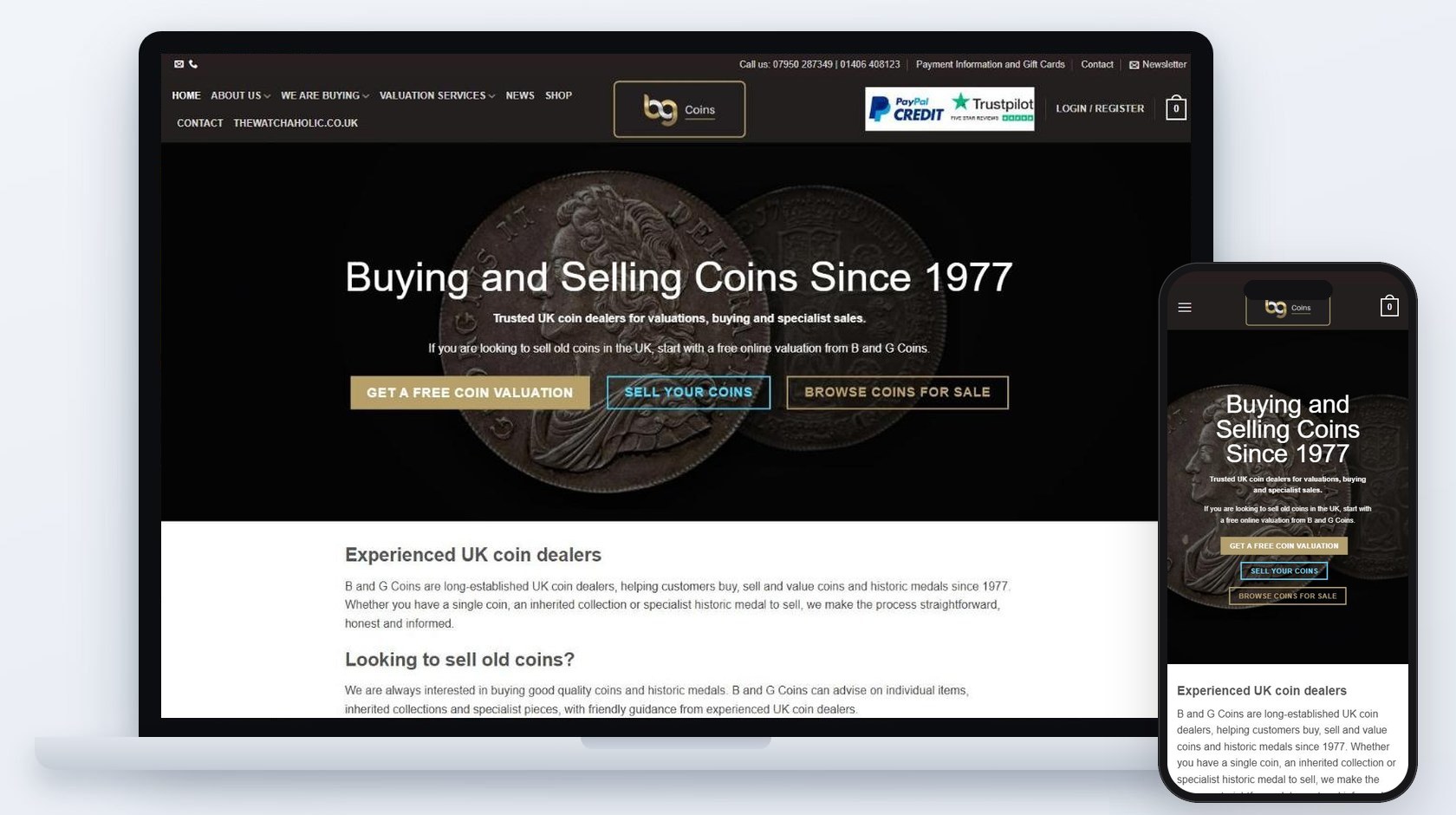 B&G Coins e-commerce website by CSM Web Design, shown on laptop and phone