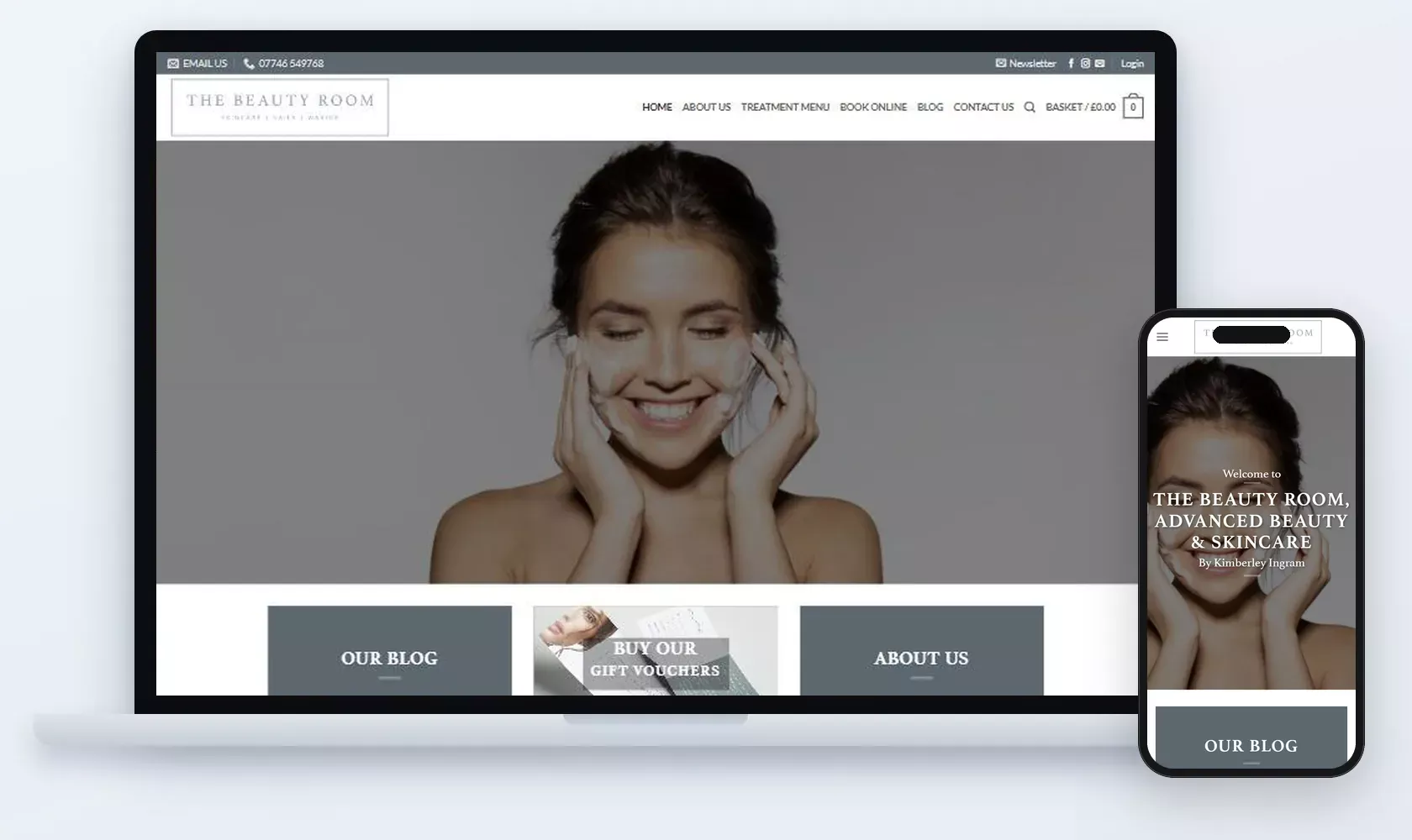 The Beauty Room salon website on laptop and phone
