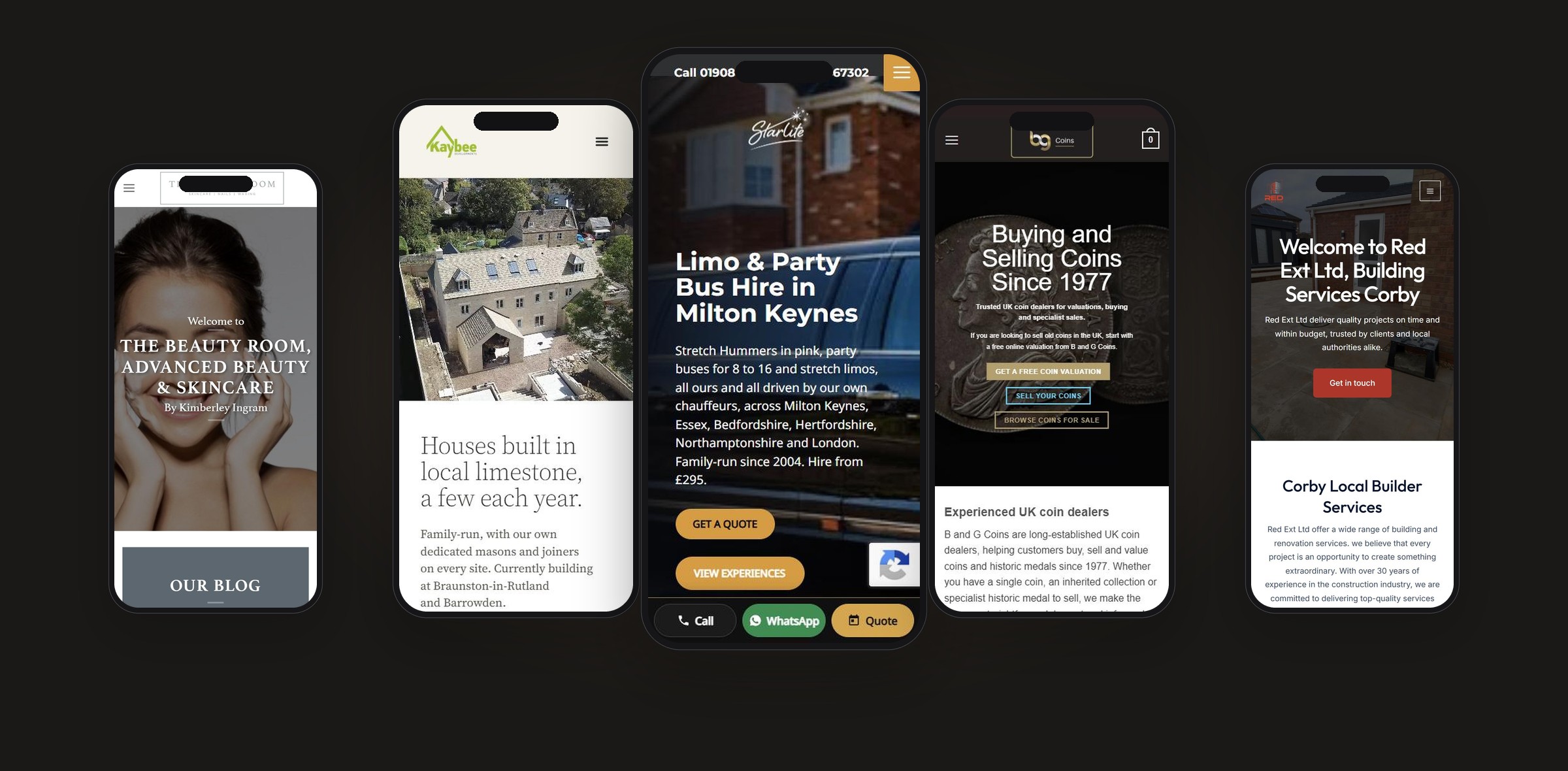 Five mobile websites built by CSM Web Design: The Beauty Room, Kaybee Developments, Starlite Limos, B&G Coins and Red Ext