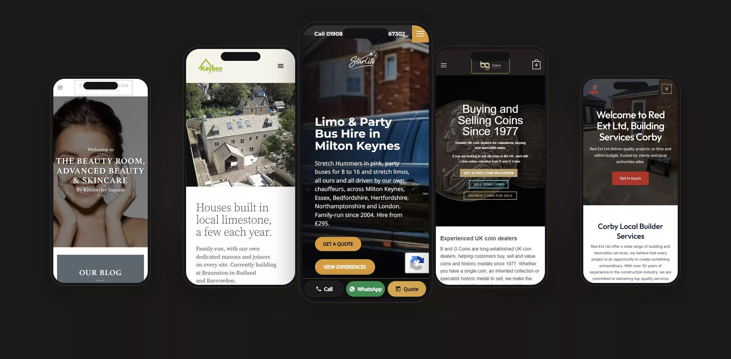 Five mobile websites built by CSM Web Design: The Beauty Room, Kaybee Developments, Starlite Limos, B&G Coins and Red Ext